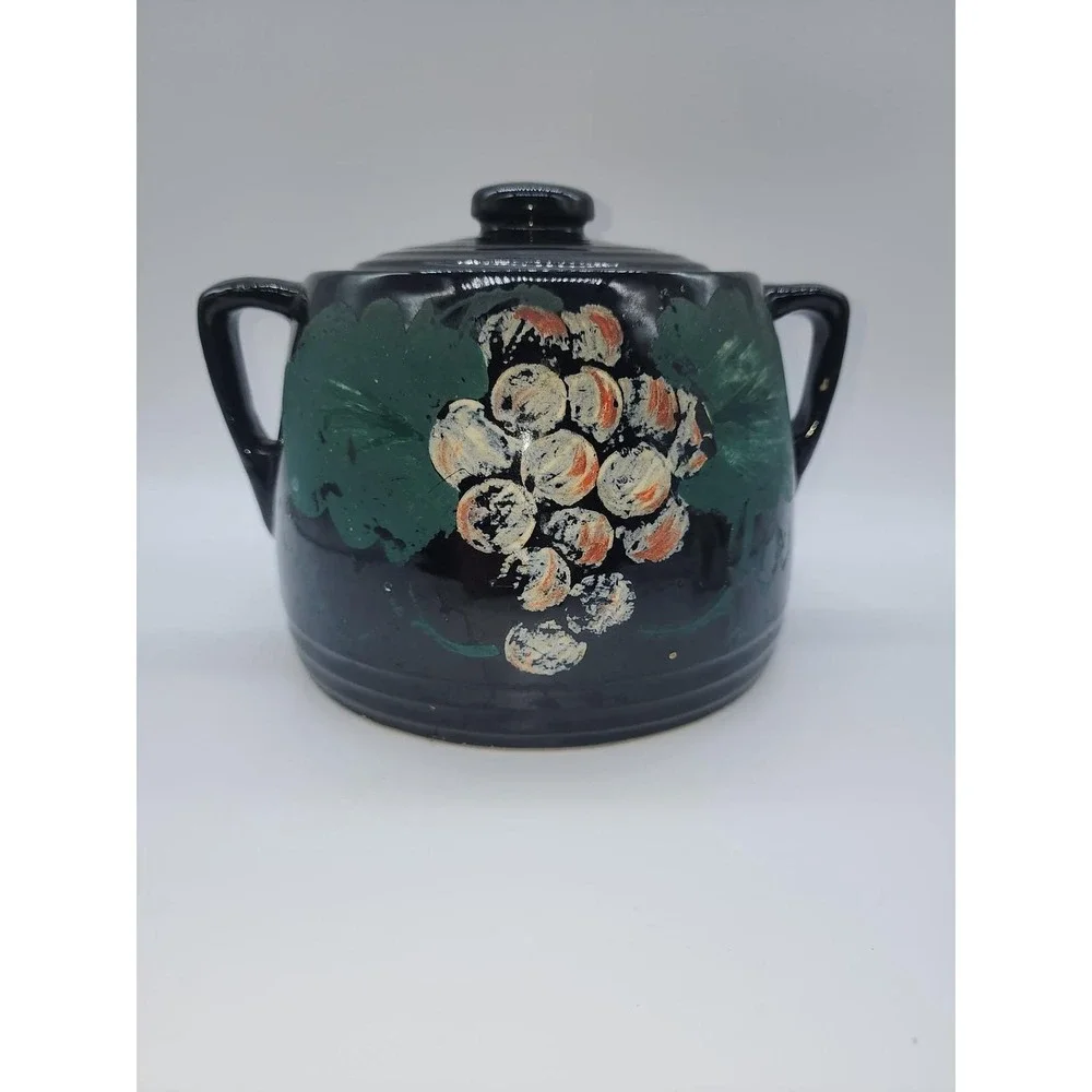 Vintage Black Ceramic Hand Painted Grape Bean Pot Cookie Jar with Lid 2 Handle